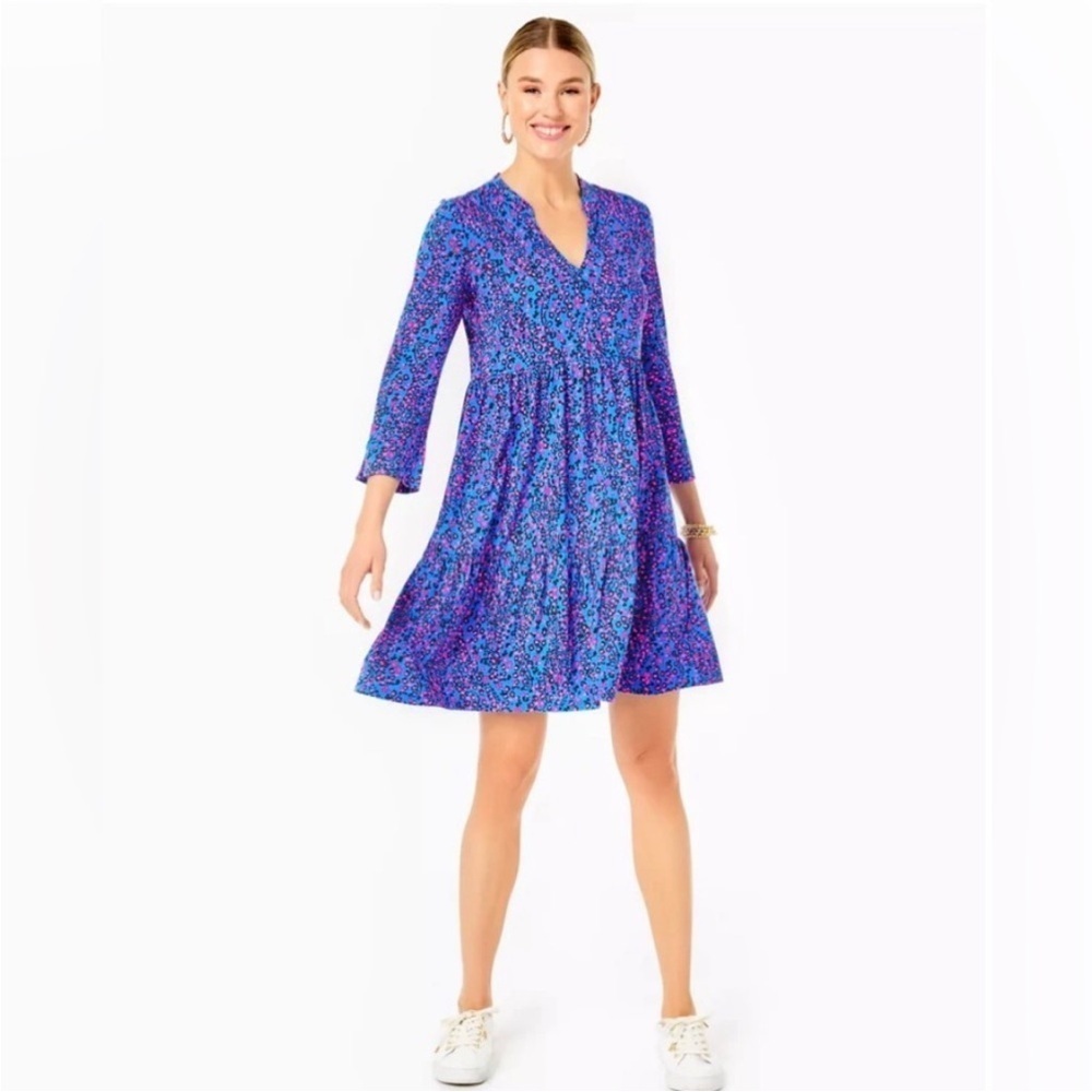 NWT Lilly Pulitzer Alaina 3/4 Sleeve Dress blue flare growl and prowl XS